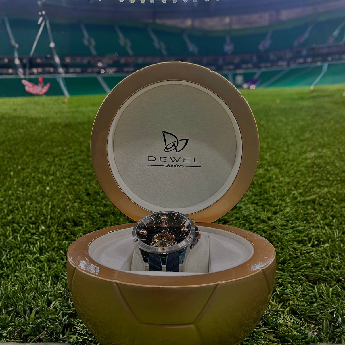 Watch in a brown box on grass with 'DEWEL' branding