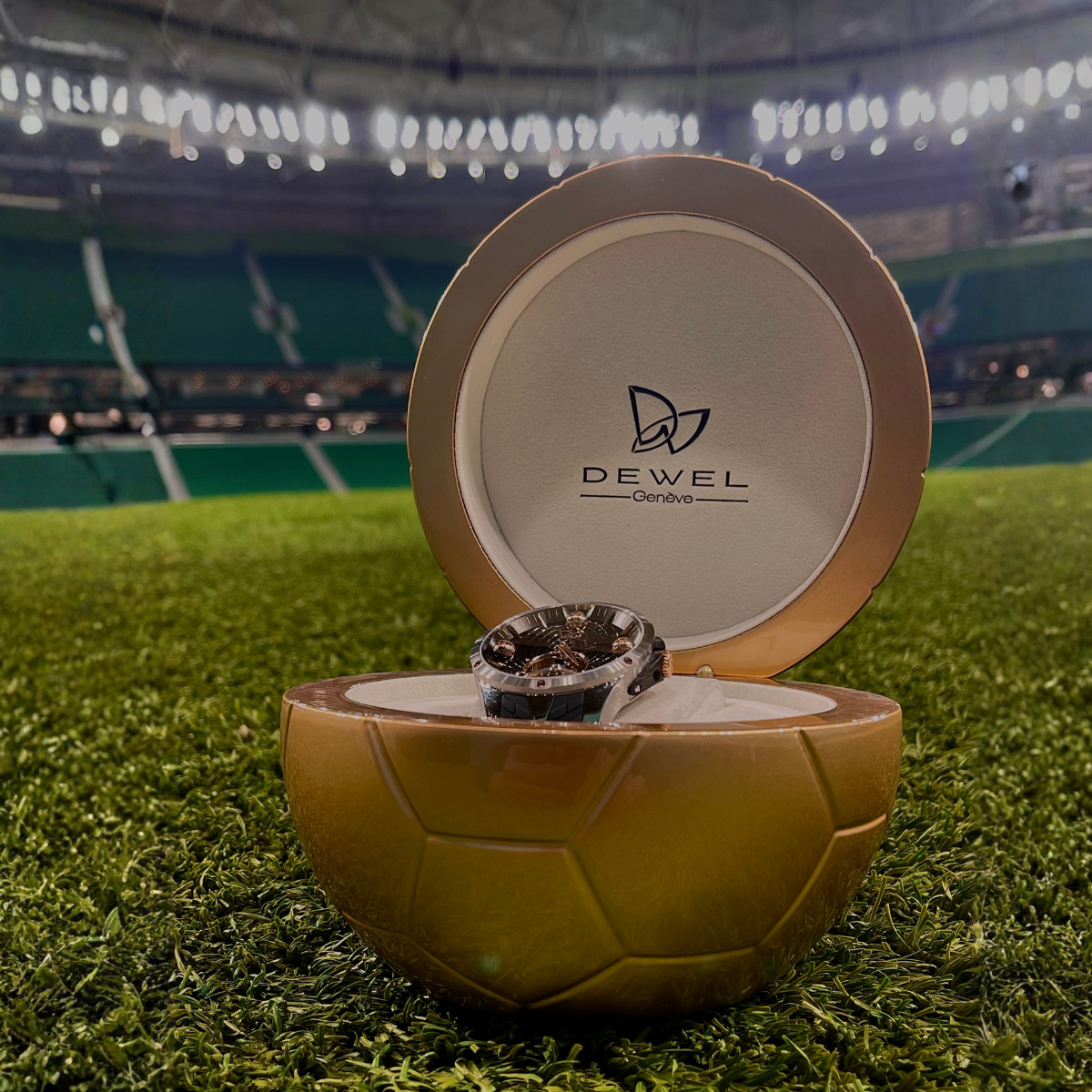 Soccer ball-shaped jewelry box with a ring on a grass field background