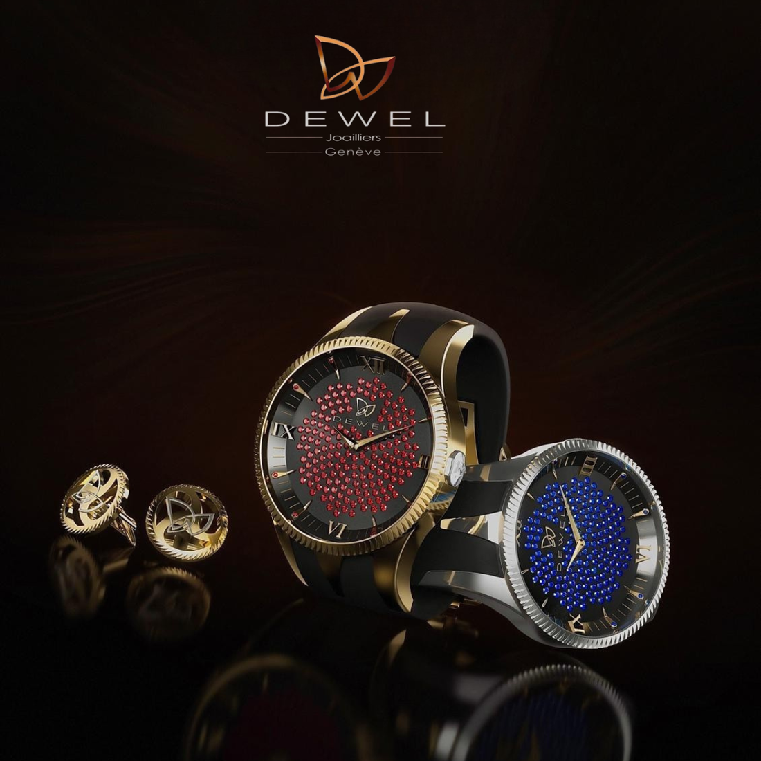Luxury jewelry set with watches and rings on a dark background, featuring the Dewel brand.